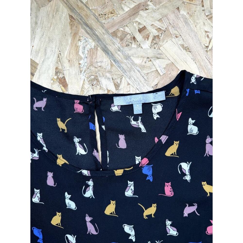 Sweet Rain Cat Print Blouse Womens Large Black Colorful Kitty Pattern Tank Top - Picture 7 of 14